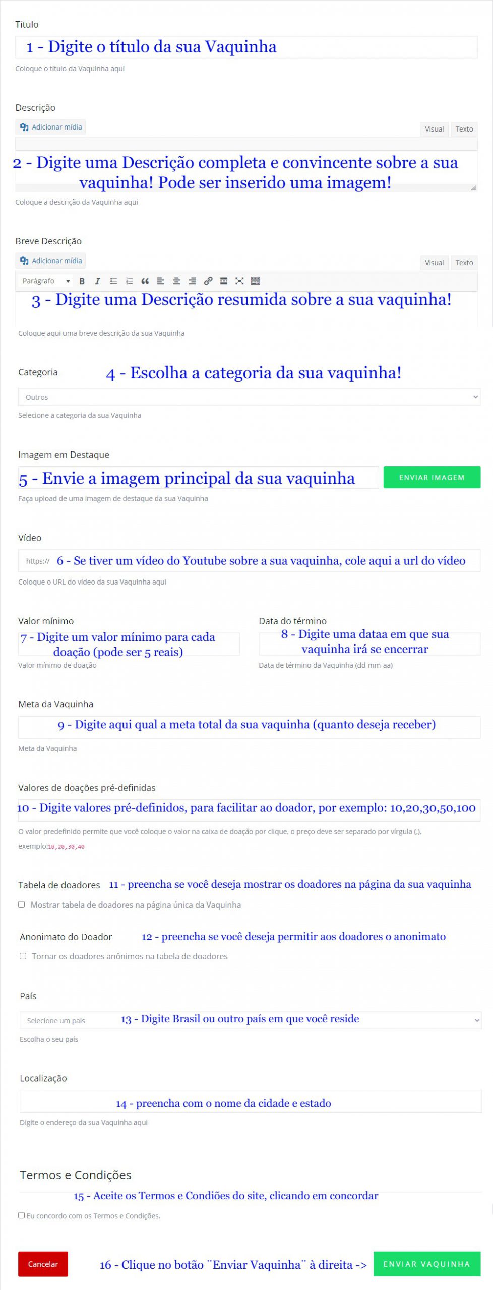 duvidas frequentes como criar e como funciona o site vaquinhas online